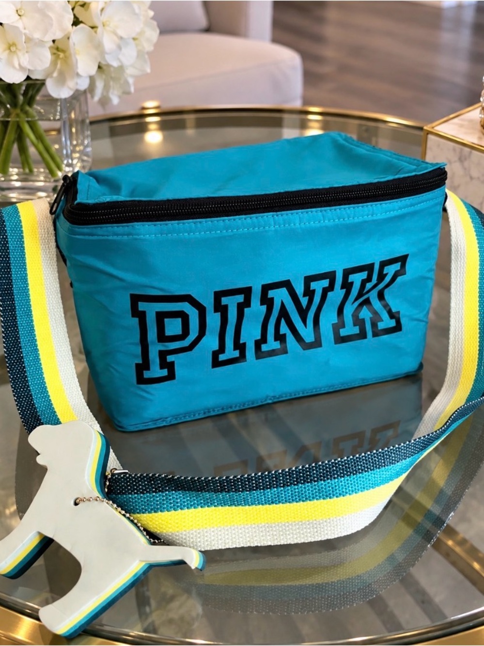 PINK Victoria's Secret Turquoise Lunch  Bag with Striped Strap and dog keychain